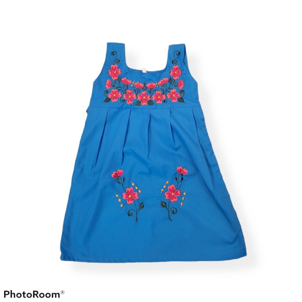Toddler girl blue with pink floral design dress